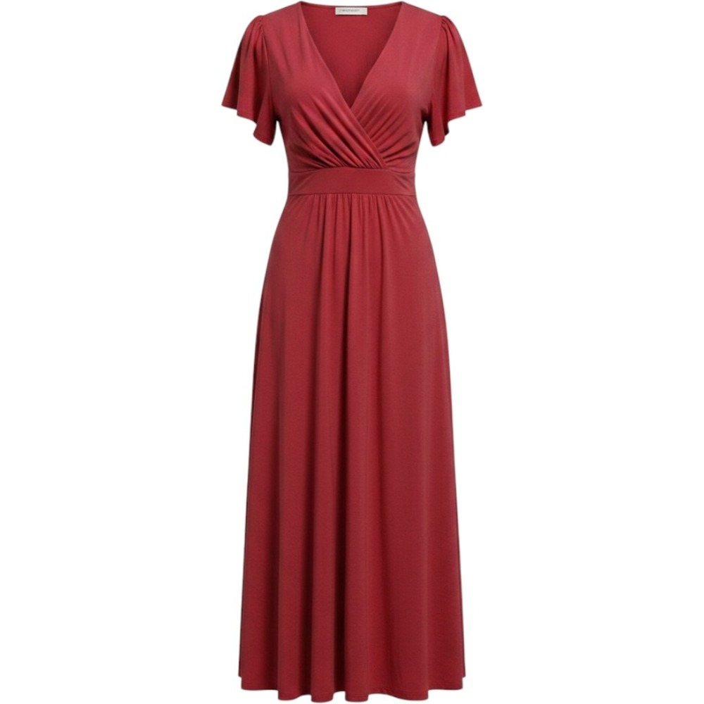 Fraiche by J Coral Pink Maxi Dress XL Faux‎ Wrap Puff Sleeve Stretch Knit